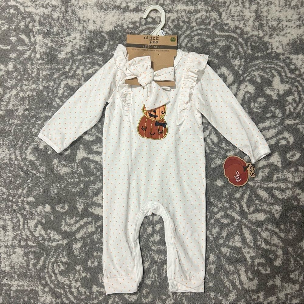 Chick Pea Halloween Pumpkin One Piece Coverall Romper and Headband NWT 6-9 M